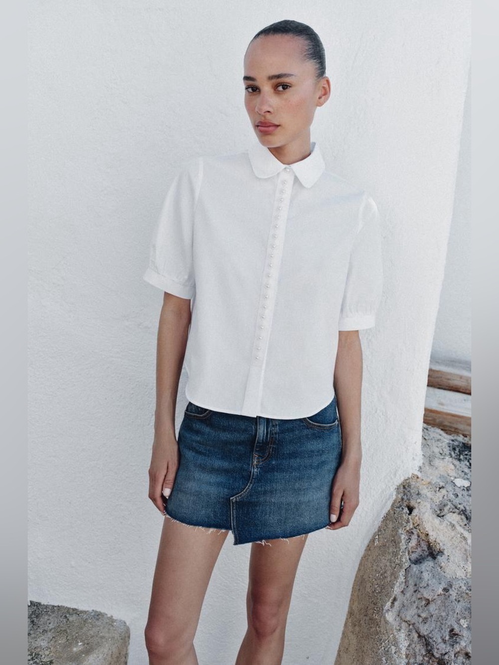 NWT Zara SHORT SLEEVE SHIRT WITH PEARLS